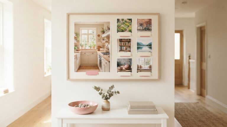 Vision board design ideas: a framed board with one large kitchen photo and six small aligned photos
