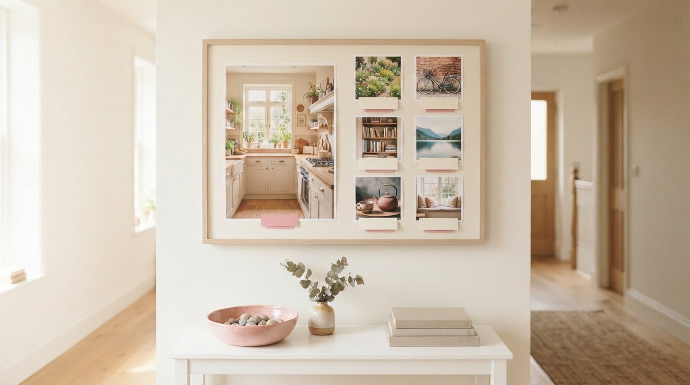 Vision board design ideas: a framed board with one large kitchen photo and six small aligned photos