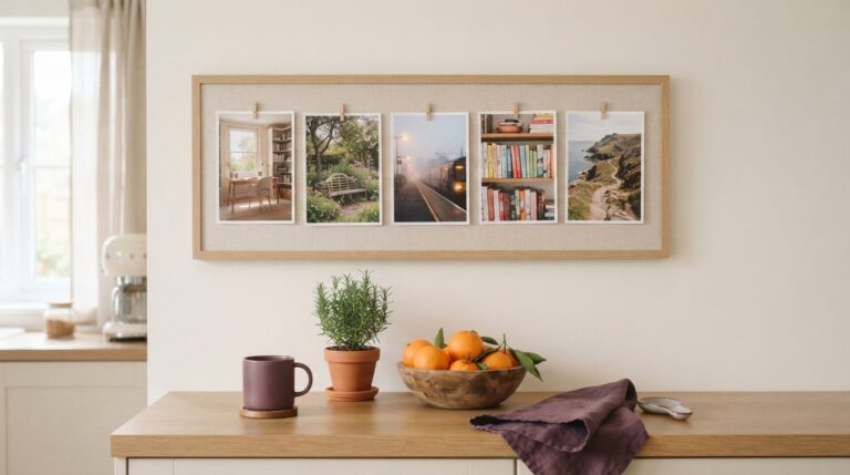 Vision board examples for adults: a five photo board above a calm kitchen counter with coffee and oranges