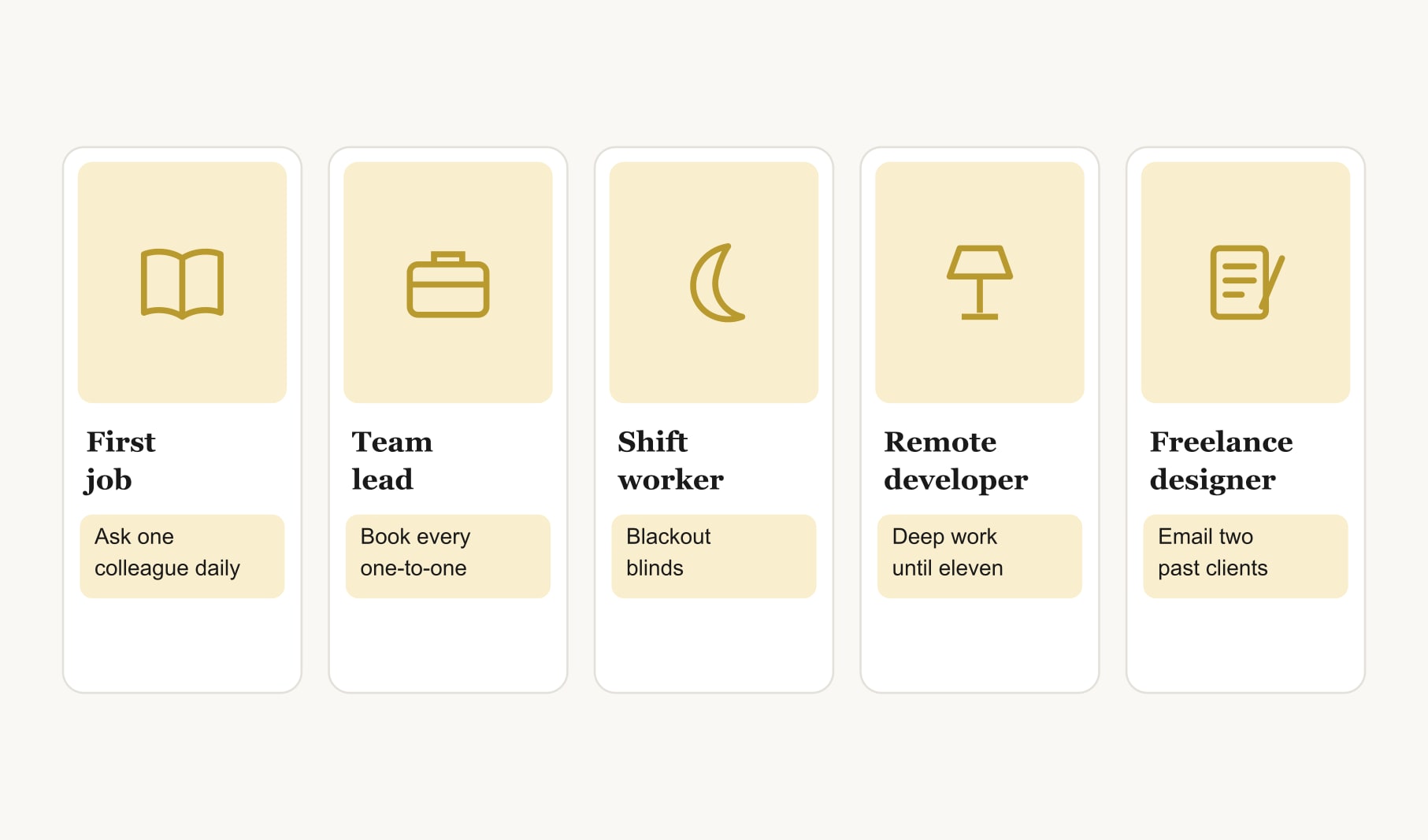 Vision board examples for work by role: first job, team lead, shift worker, remote developer and freelancer