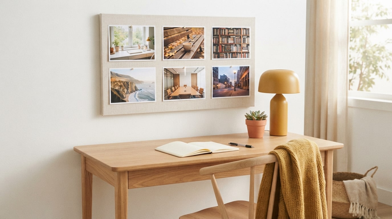 Vision board examples for work: a six photo board above a calm home office desk in early morning light