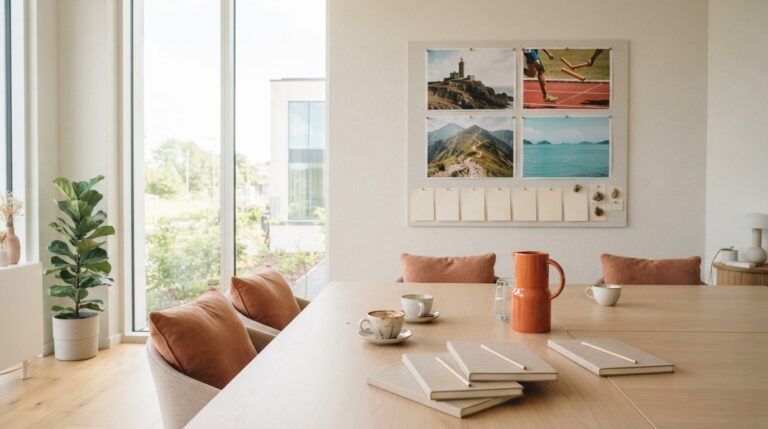 Vision board for work team: a finished shared board on a meeting room wall after a bright team session