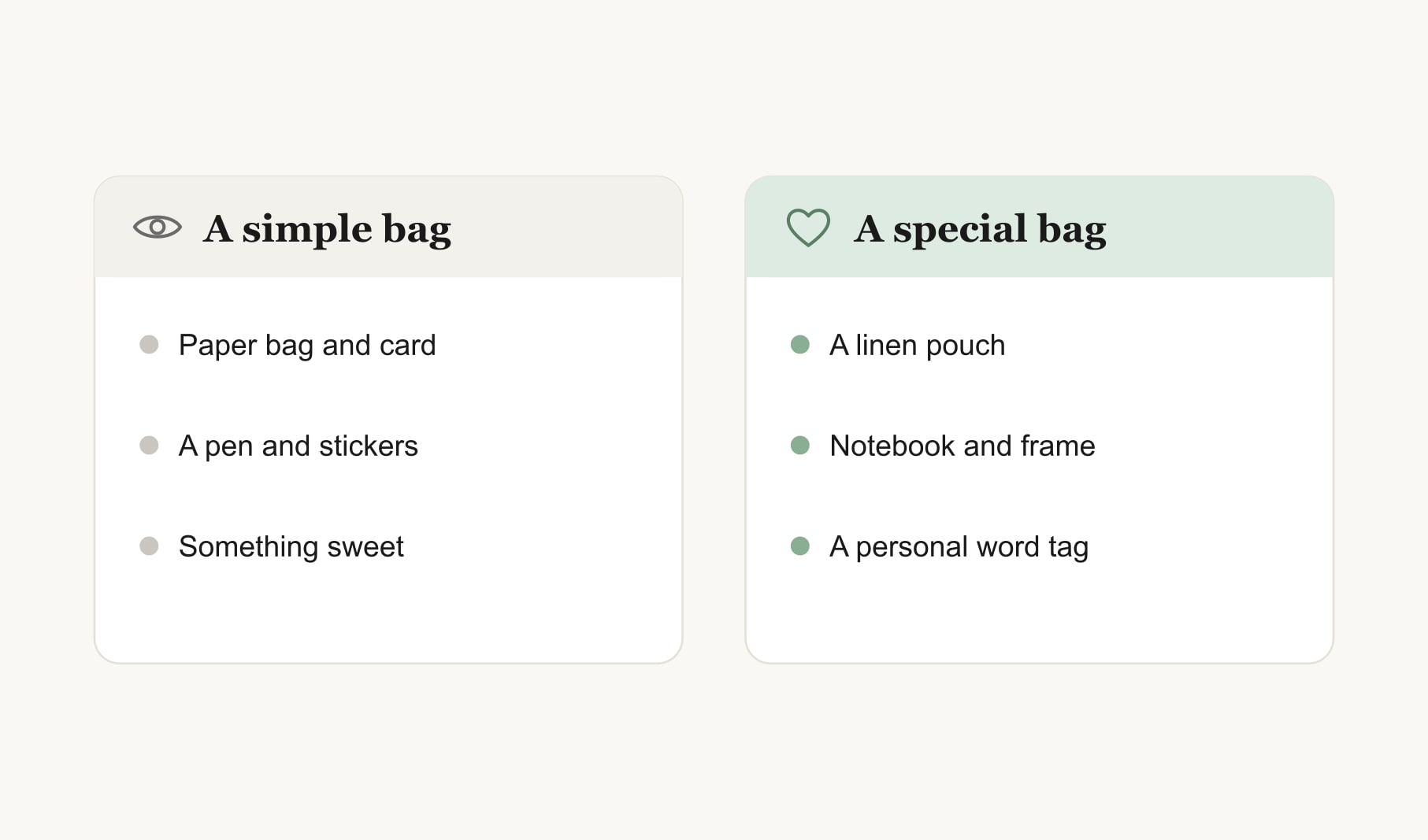 A simple vision board gift bag compared with a special one: paper bag and stickers versus linen pouch and frame