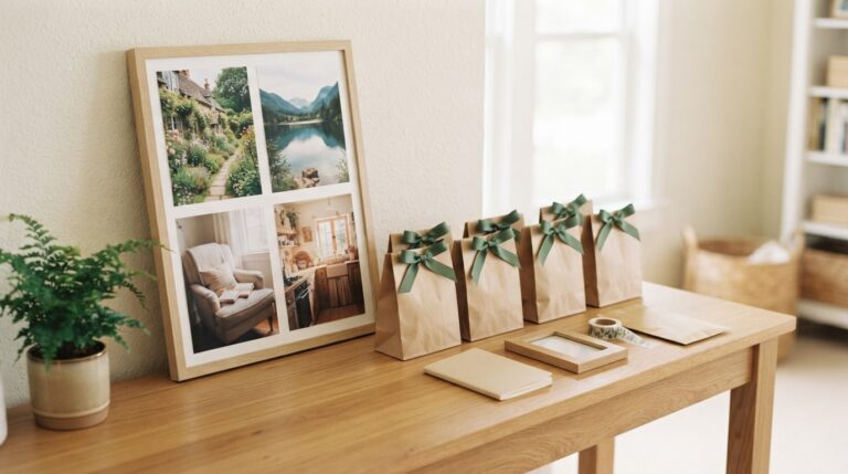 Vision board gift bags idea: a row of ribbon-tied bags with notebooks and frames beside a finished vision board