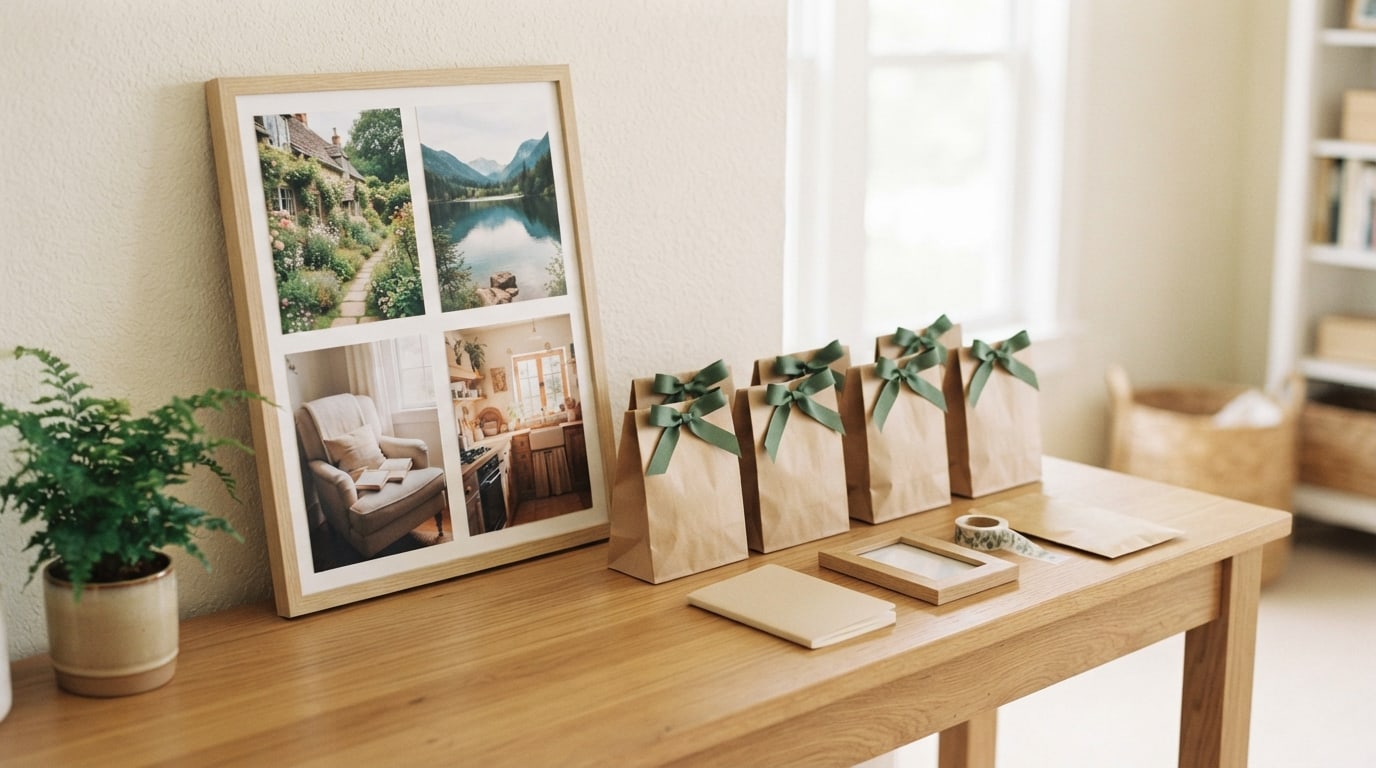 Vision board gift bags idea: a row of ribbon-tied bags with notebooks and frames beside a finished vision board