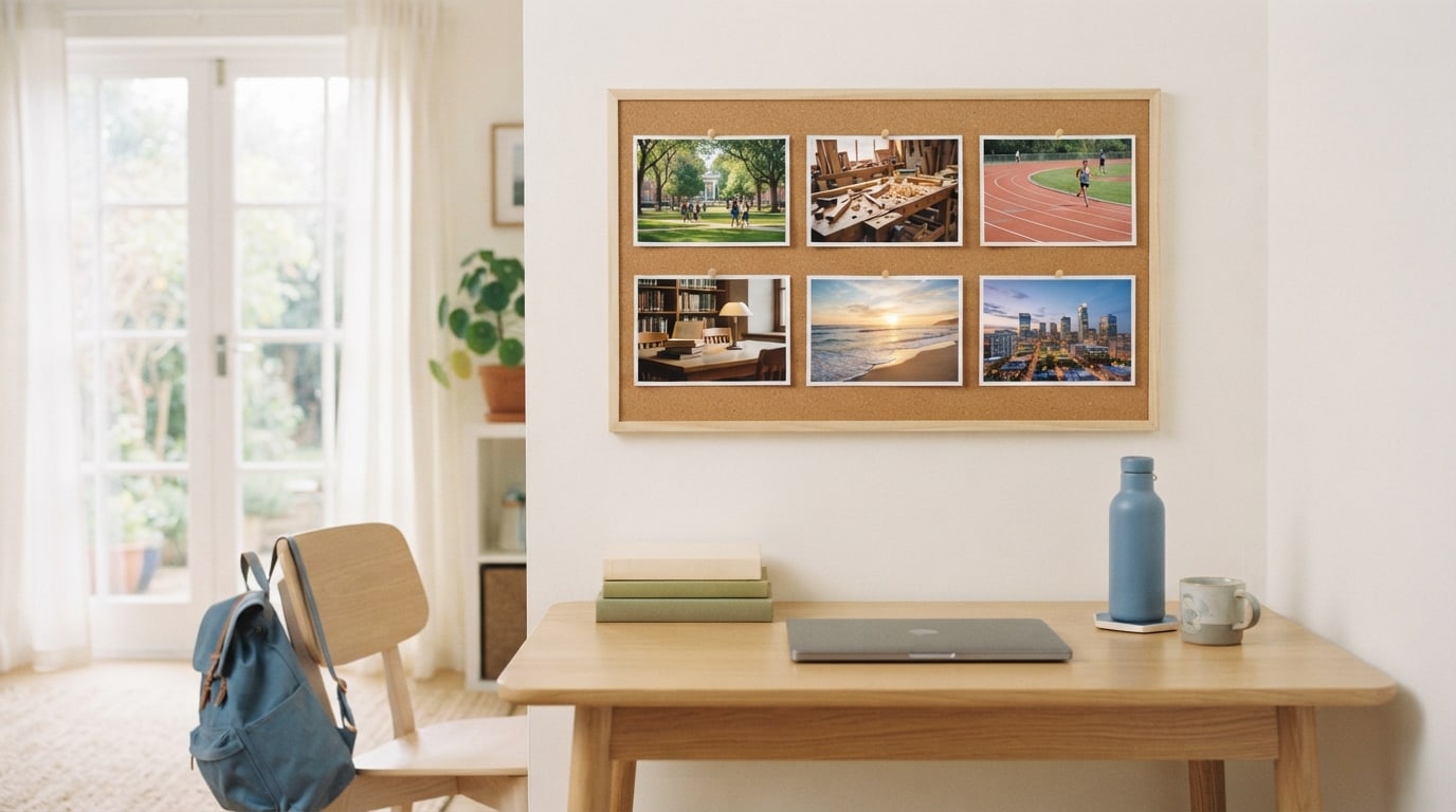 Vision board ideas for high school students: a photo grid of campus, workshop and track above a study desk