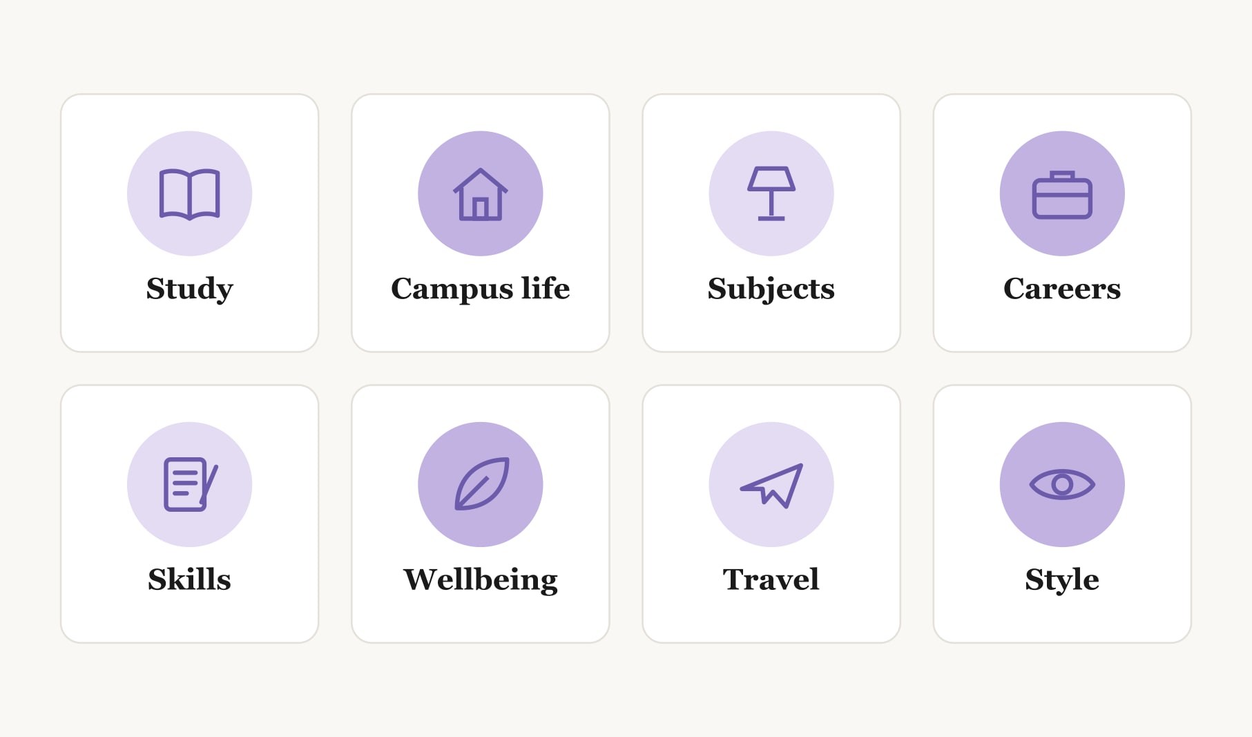 Eight Pinterest board sections for vision board ideas for students, from study and campus life to style
