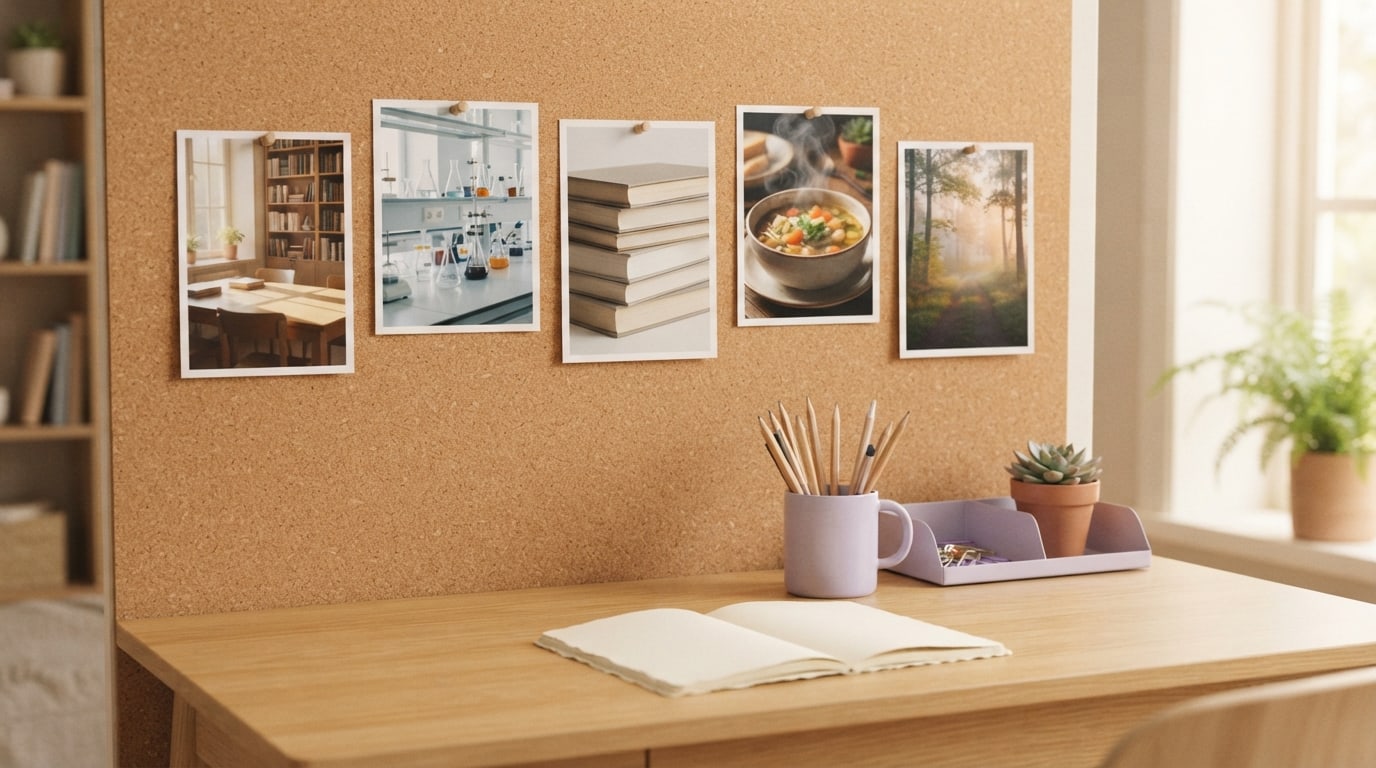 Vision board ideas for students from Pinterest: printed study and campus images pinned above a bright desk
