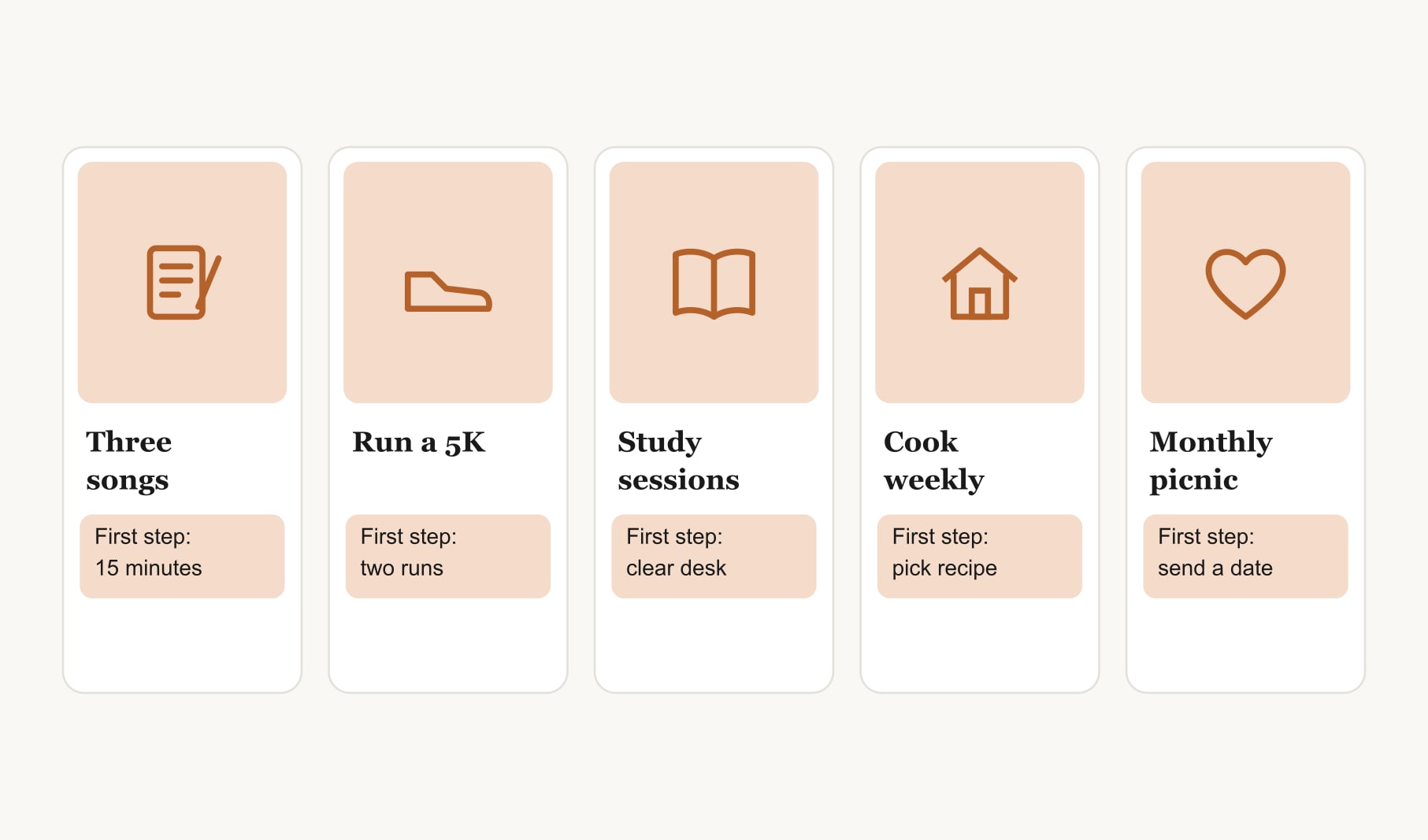 A teen vision board example with five goals, from three songs to a monthly picnic, each with a first step