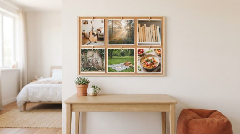 Vision board ideas for teens pinned in a photo grid above a bright bedroom desk, from guitar to forest trail