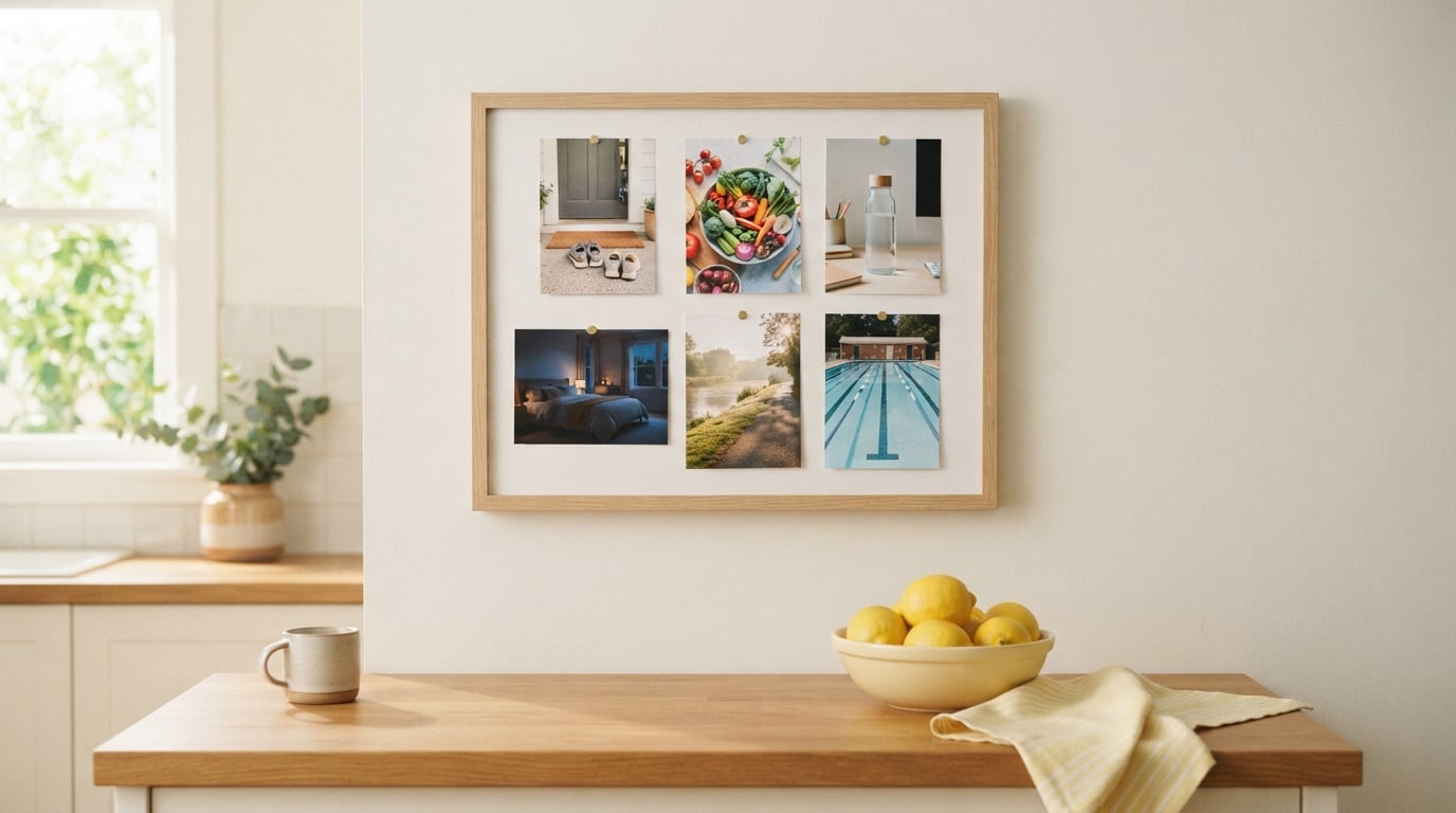 Vision board ideas for weight loss: photos of walking shoes, vegetables and a riverside path in a kitchen