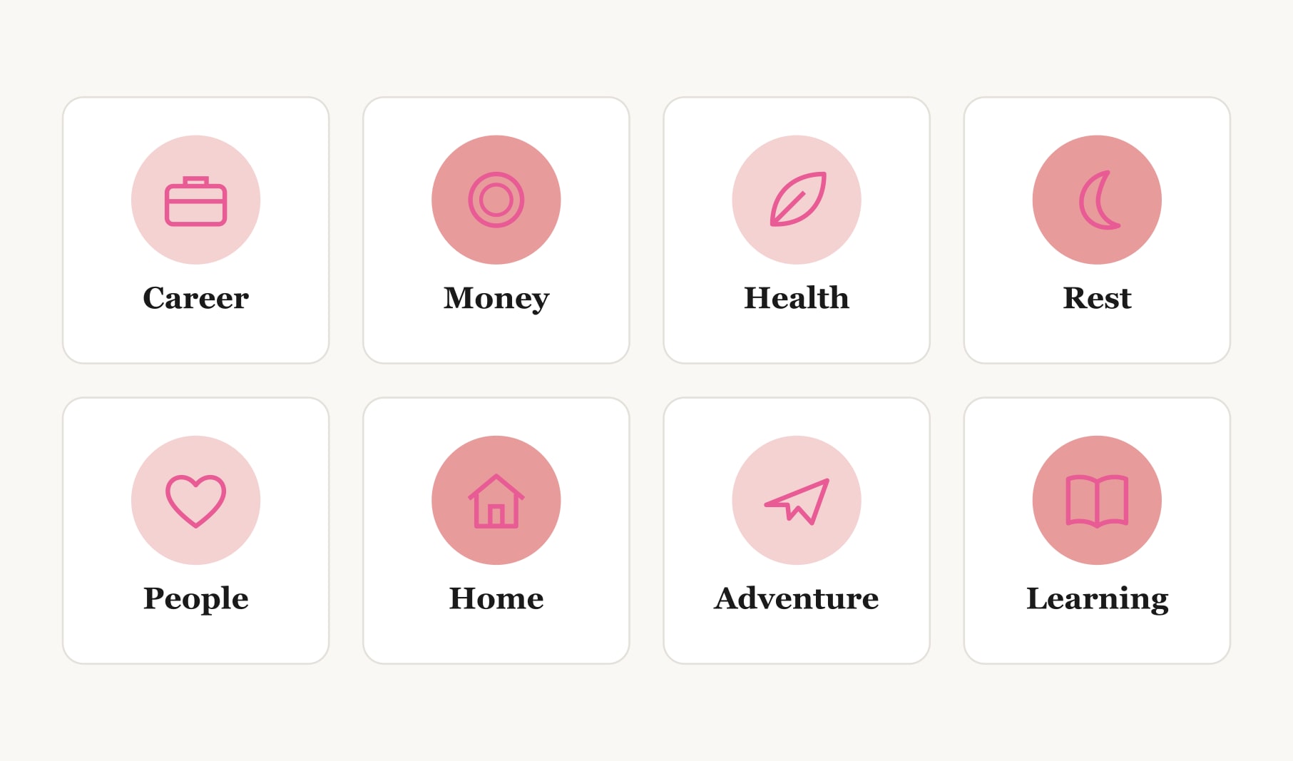 Eight life areas for vision board ideas for women: career, money, health, rest, people, home, adventure and learning