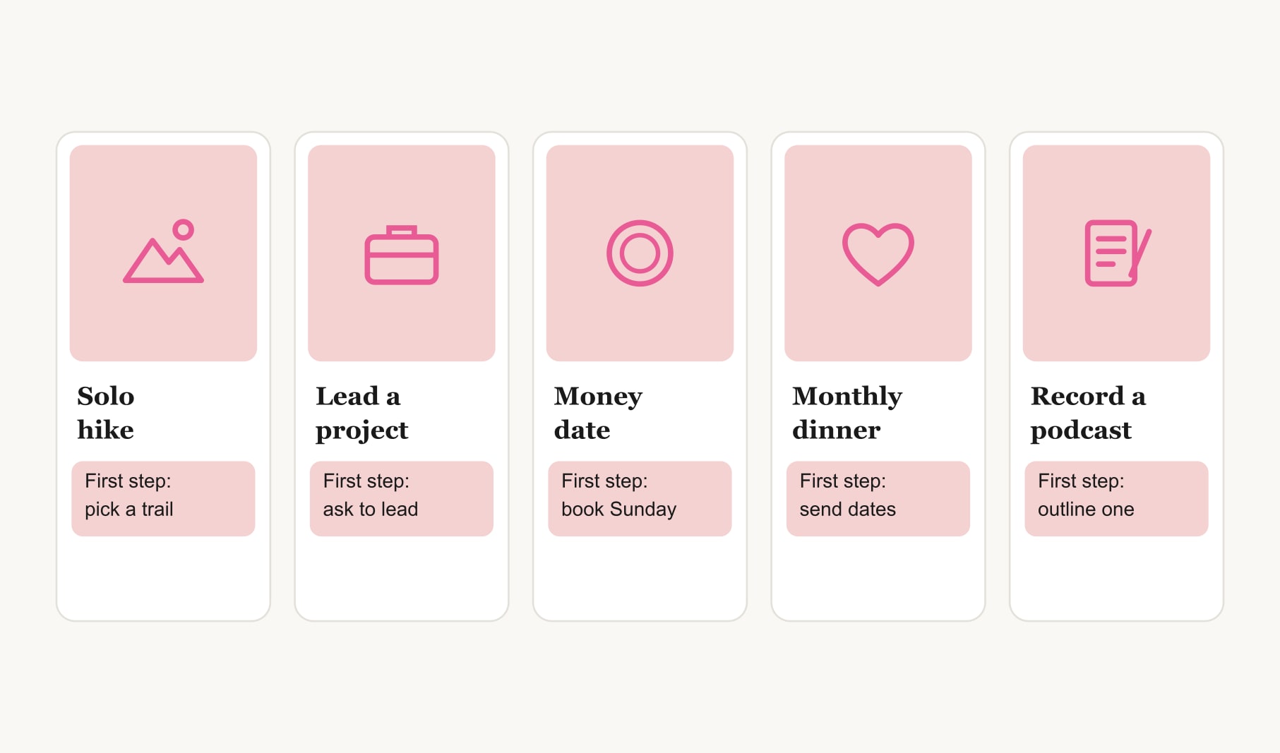 An example of vision board ideas for women on one board: five goals, each paired with a small first step