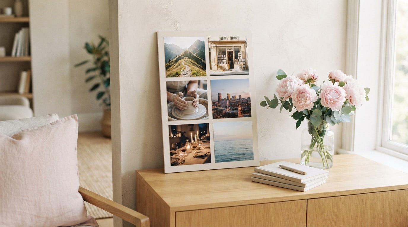Vision board ideas for women: a photo grid of trails, travel, pottery and a dinner table on a bright sideboard