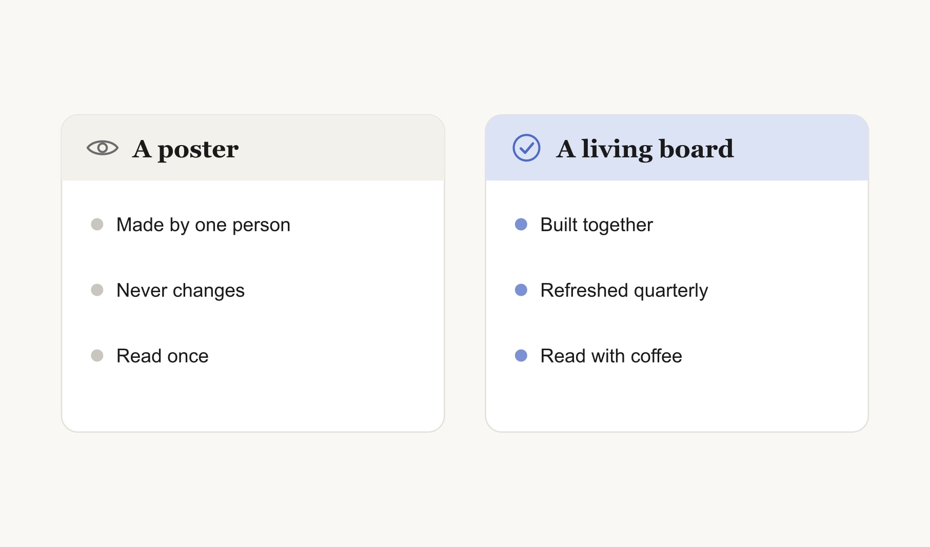 A workplace poster compared with a living workplace vision board that people build together and refresh