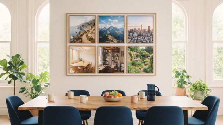 Vision board ideas for workplace spaces: a shared photo board on the wall of a bright office break area