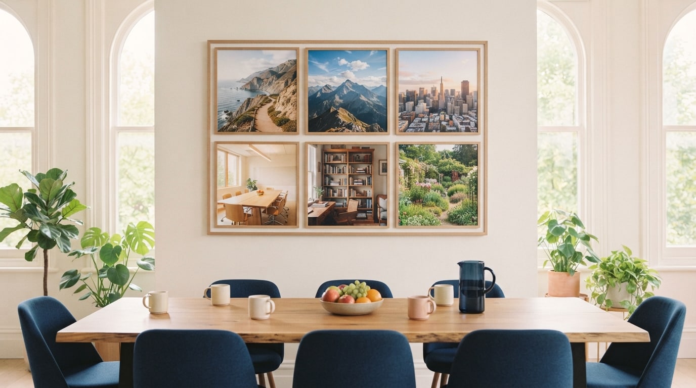 Vision board ideas for workplace spaces: a shared photo board on the wall of a bright office break area
