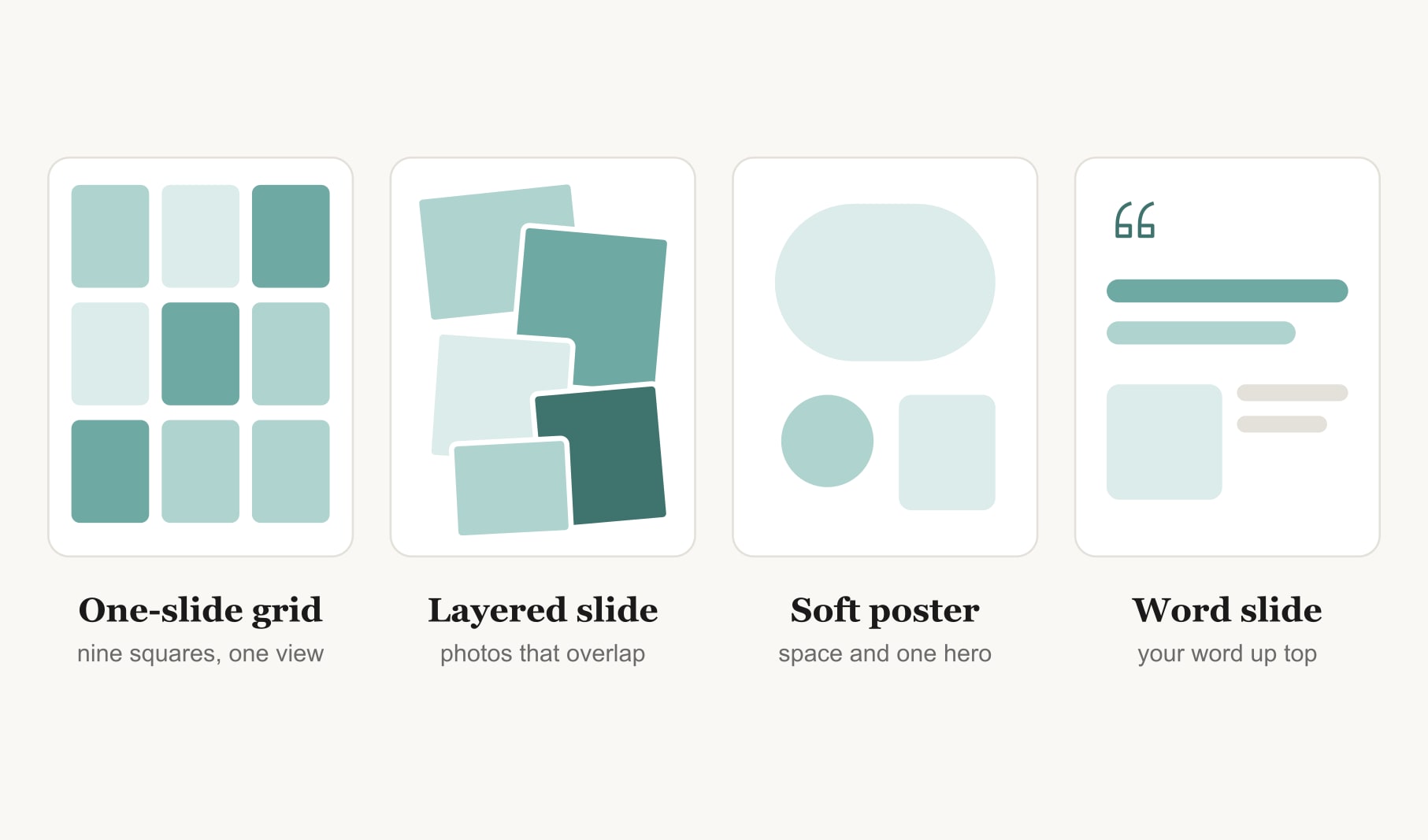 Four vision board ideas PowerPoint can hold: a one-slide grid, a layered slide, a soft poster and a word slide