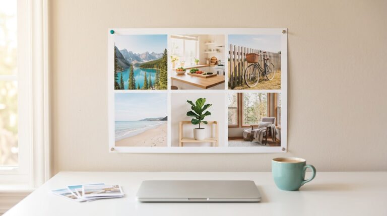 Vision board ideas PowerPoint: a printed slide grid of six photos pinned above a tidy desk