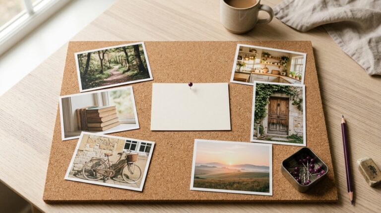 Vision board ideas quotes: one blank card pinned at the centre of a cork board with photos around it