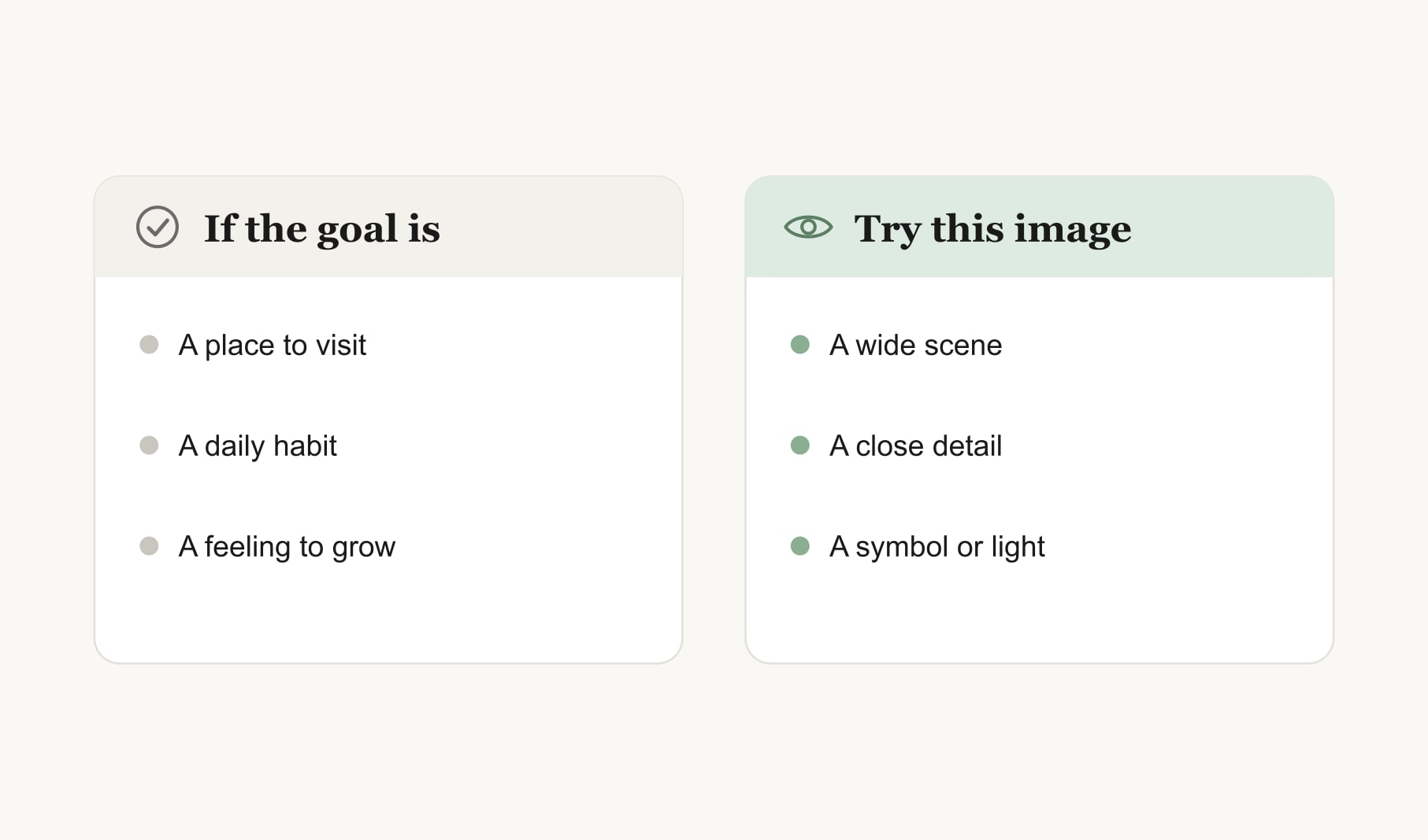 Matching vision board images ideas to goals: wide scenes for places, details for habits, symbols for feelings