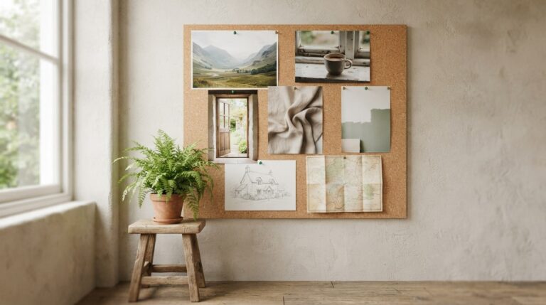 Vision board images ideas: a cork board of wide scenes, close details, a door, a sketch and a paper map