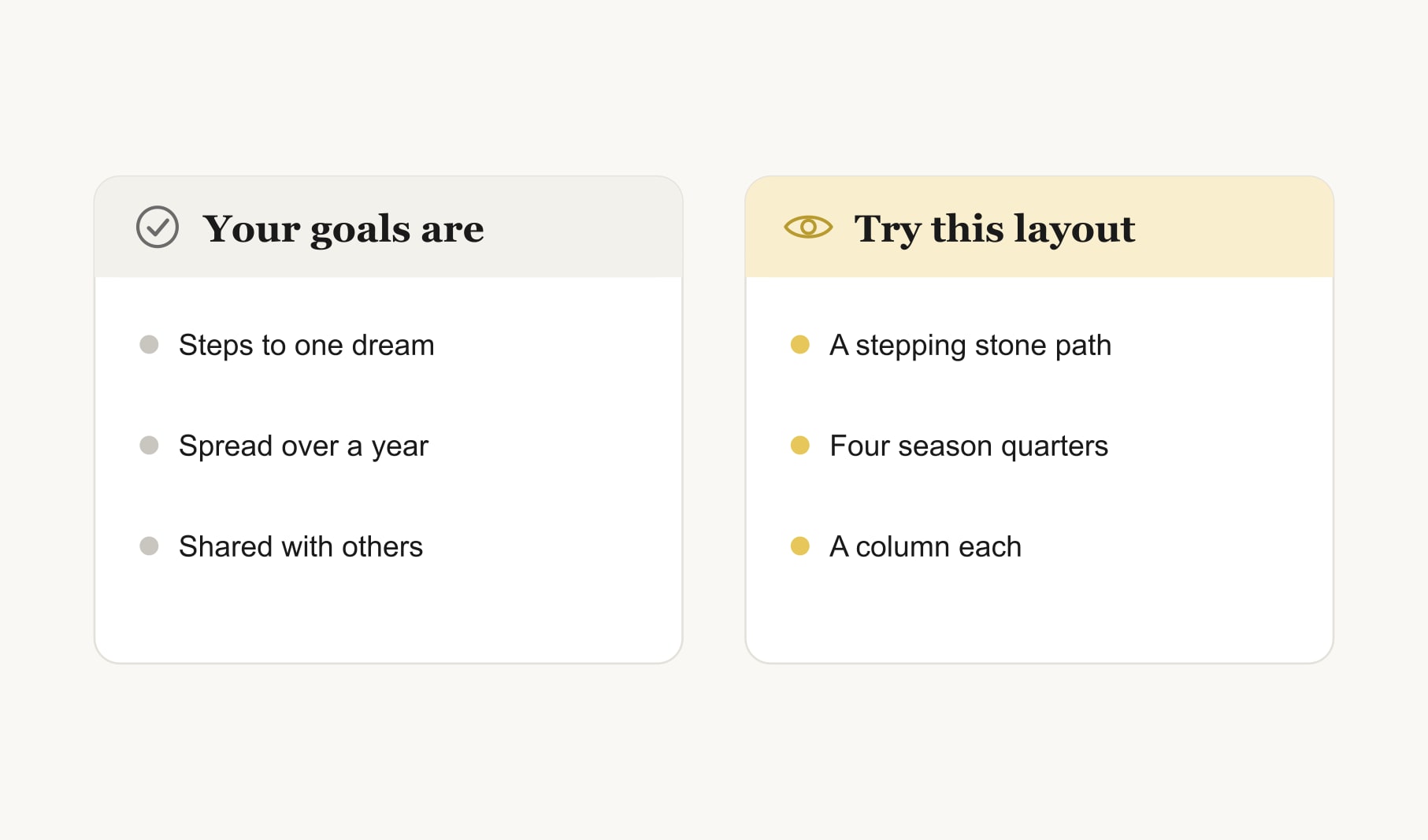 Choosing vision board layout ideas by how goals connect: path for steps, quarters for a year, columns for shared