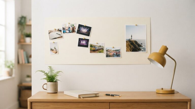 Vision board layout ideas: photos laid out as a winding path toward a large lighthouse photo above a desk