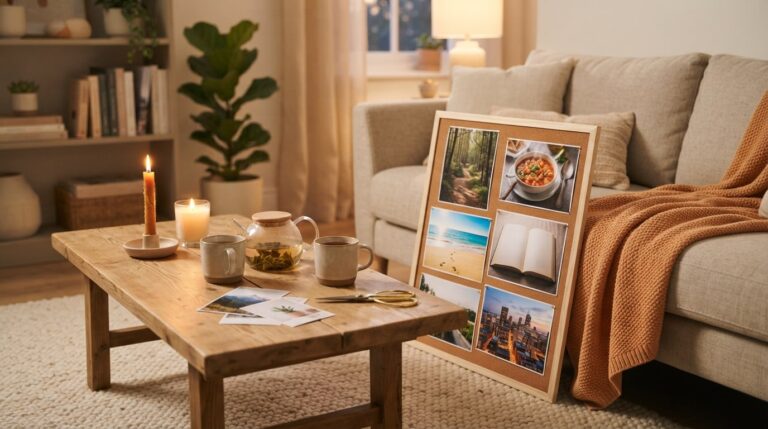 Vision board night ideas: a finished board propped on a sofa beside candles and tea in a cosy living room