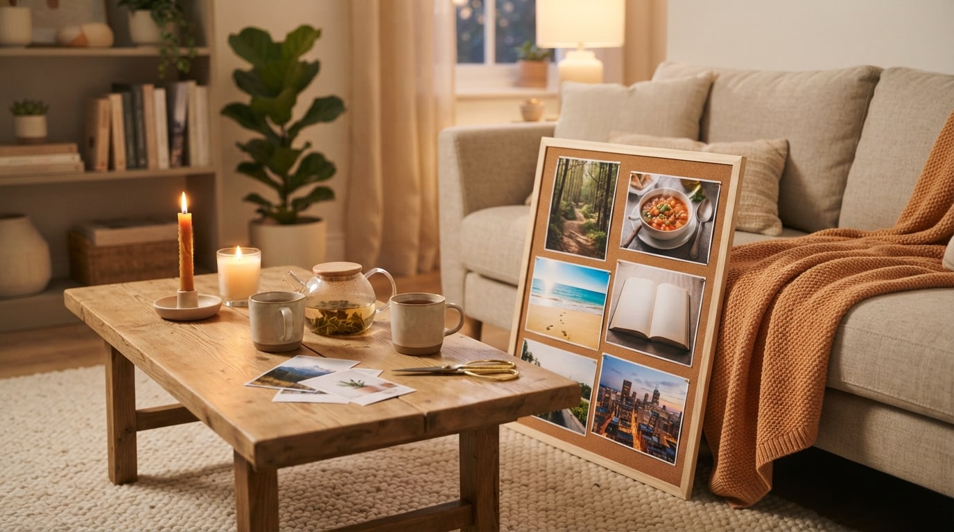 Vision board night ideas: a finished board propped on a sofa beside candles and tea in a cosy living room