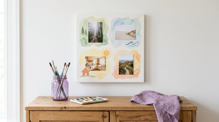 Vision board painting ideas: a canvas with watercolour zones and photos hanging above a sideboard