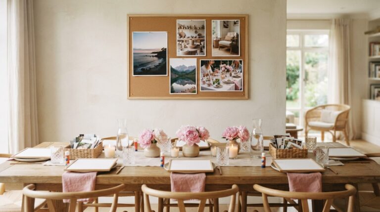 Vision board party ideas for adults: a supper table set with boards and photo baskets below a finished board