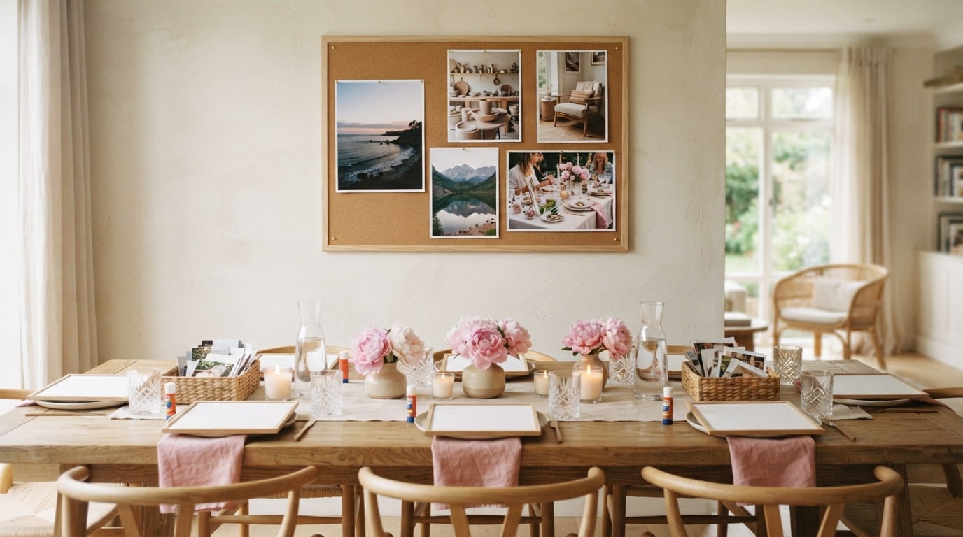 Vision board party ideas for adults: a supper table set with boards and photo baskets below a finished board