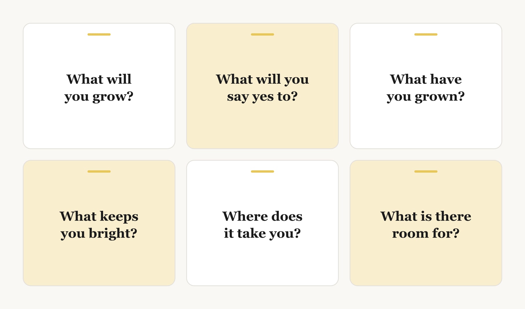 Guiding questions for vision board party themes, from what will you grow to what is there room for now