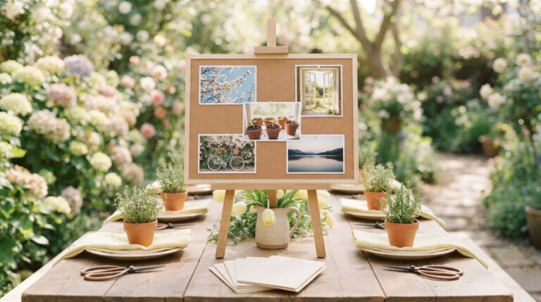 Vision board party themes: a spring reset board on an easel at a garden table set with potted herbs