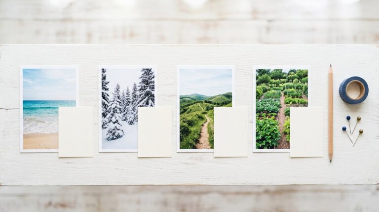 Vision board quotes and pictures: four landscape photos each paired with a blank card on a white desk