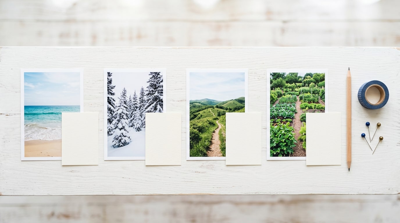 Vision board quotes and pictures: four landscape photos each paired with a blank card on a white desk