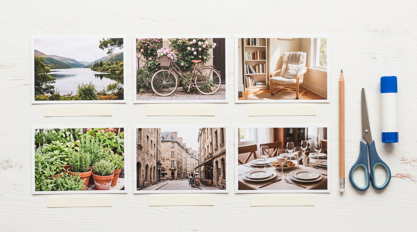 Vision board with words and pictures: six photos each with a blank caption strip beneath on a white table