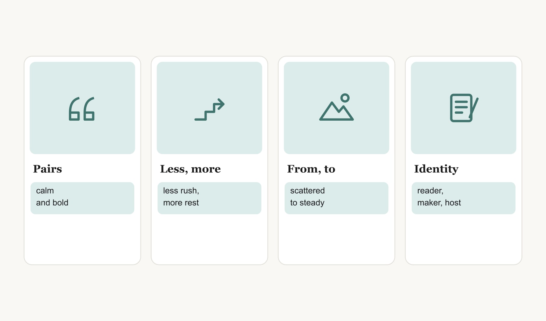 Four formats for vision board word ideas: word pairs, less and more lines, from and to lines, identity words