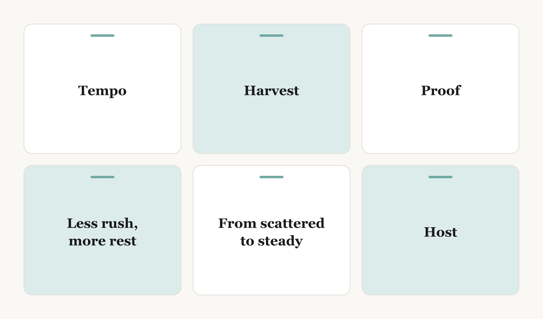 Six vision board word ideas as cards: hobby words tempo, harvest and proof, plus three format examples