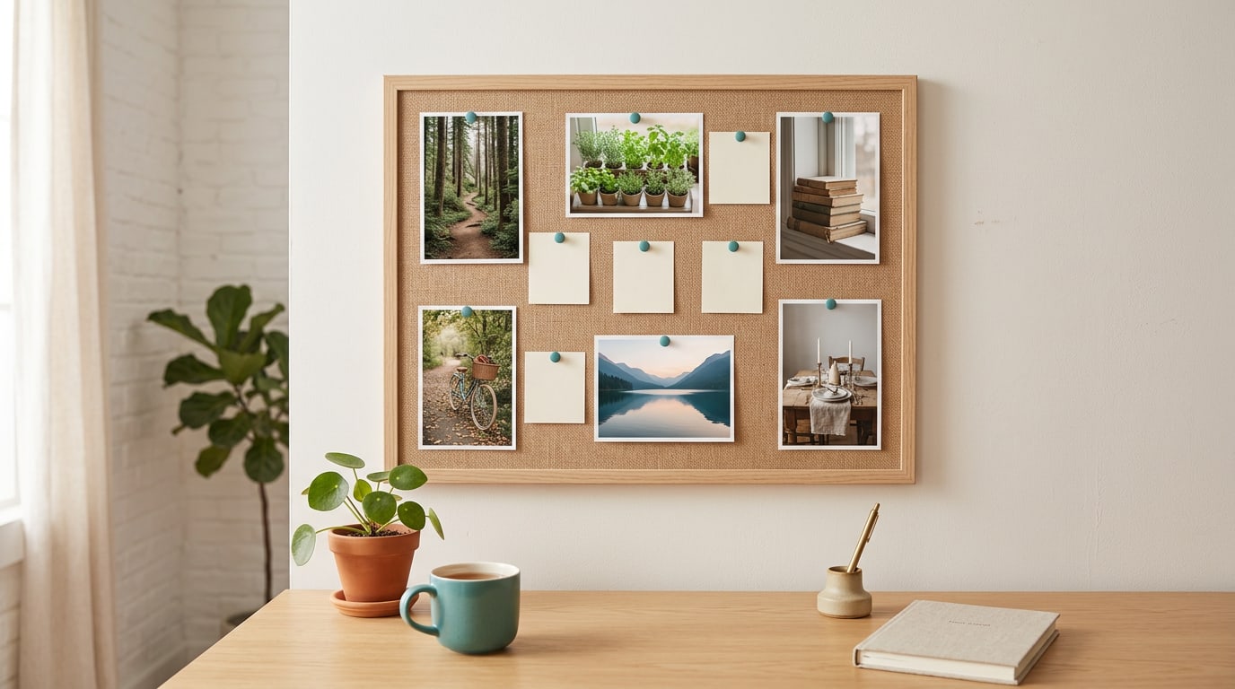 Vision board word ideas: a finished board of photos with small blank word cards pinned between them