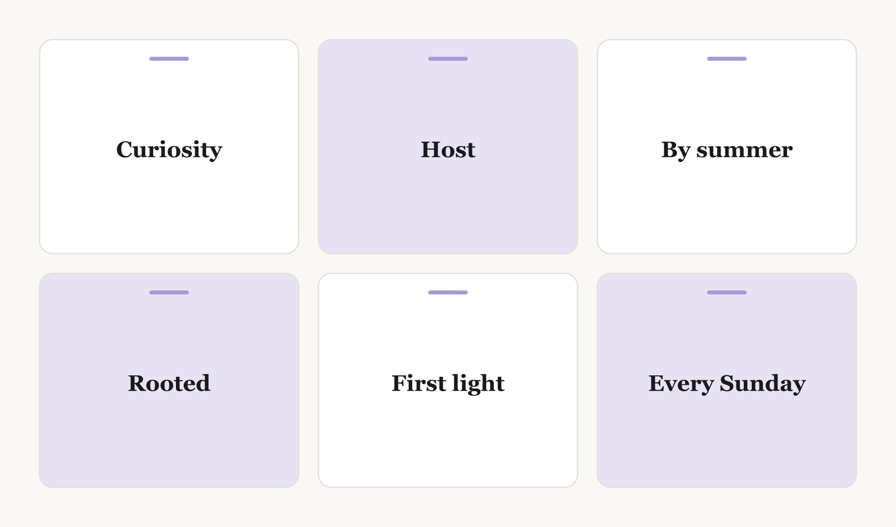 Six words from the vision board word list on cards: curiosity, host, by summer, rooted, first light, every Sunday