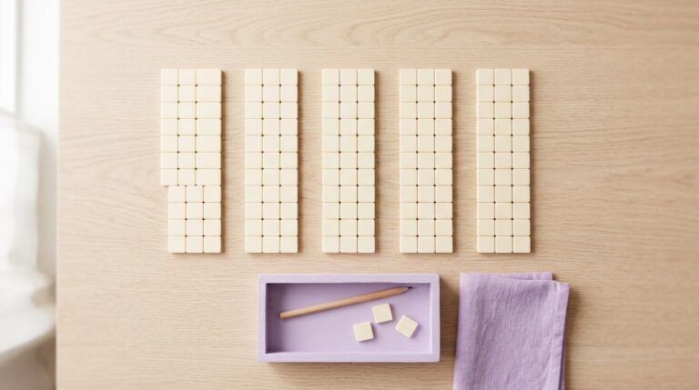 Vision board word list: blank word tiles sorted into five neat columns on a pale oak table