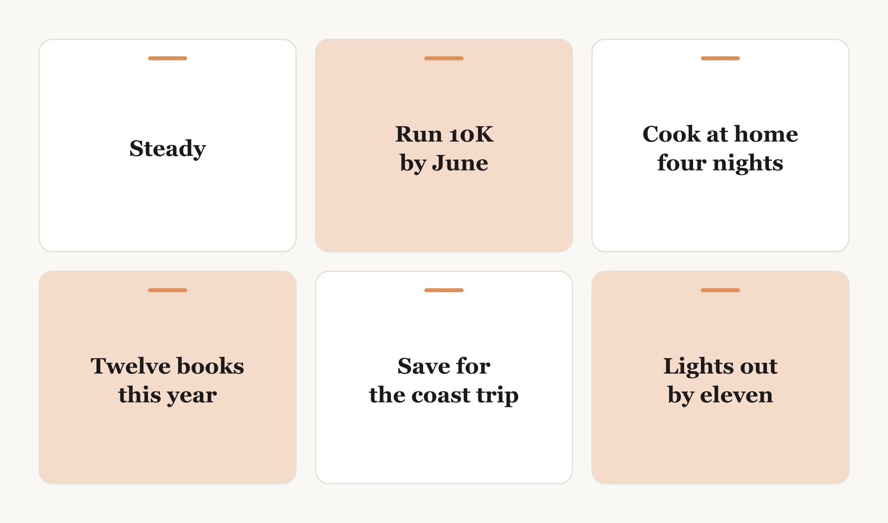 A vision board words only example: a guiding word, steady, and five goal lines each with a time frame