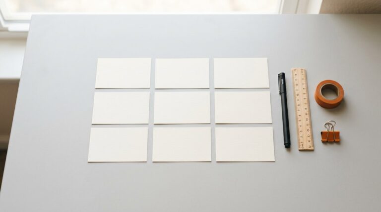 Vision board words only: a neat grid of nine blank index cards, a pen and a ruler on a grey desk
