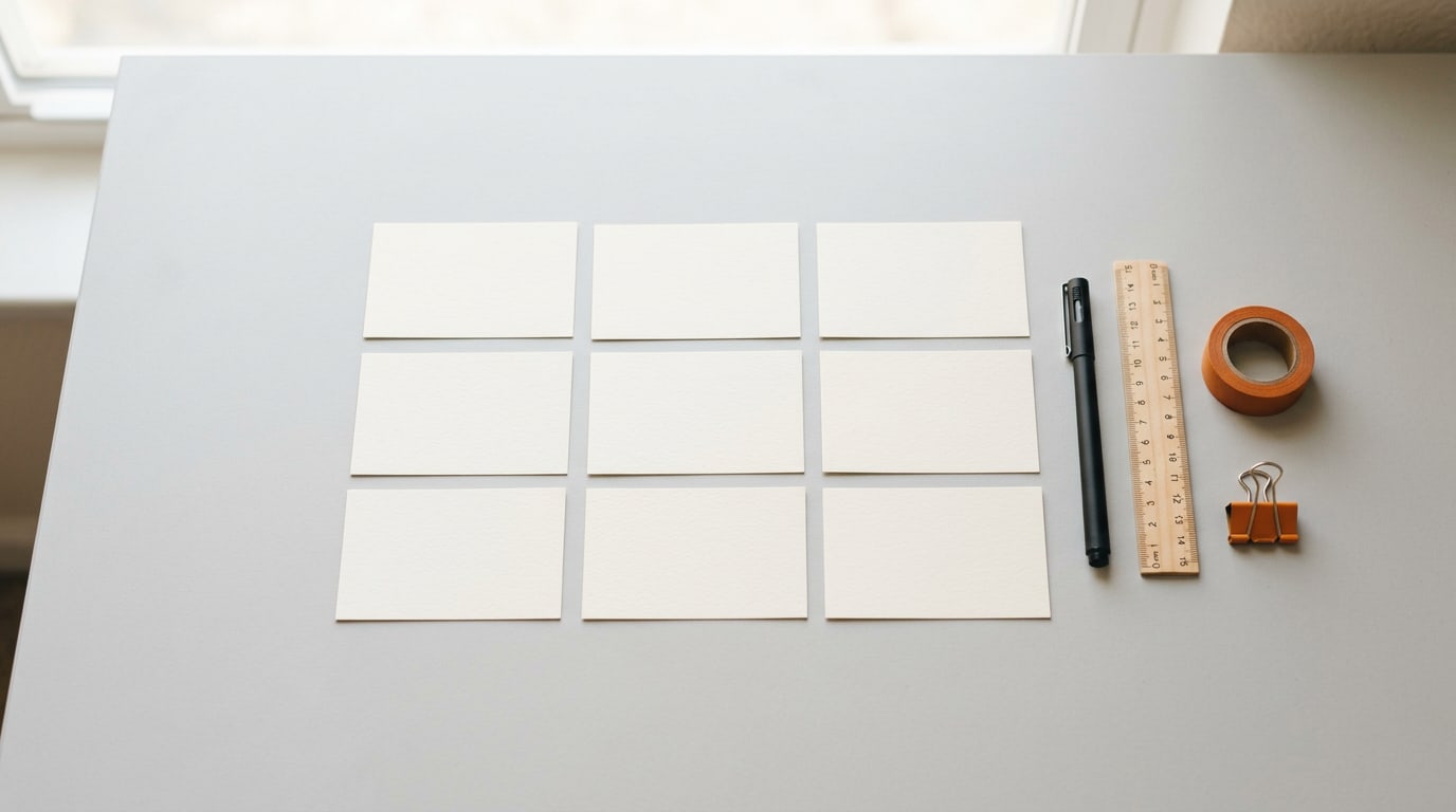 Vision board words only: a neat grid of nine blank index cards, a pen and a ruler on a grey desk