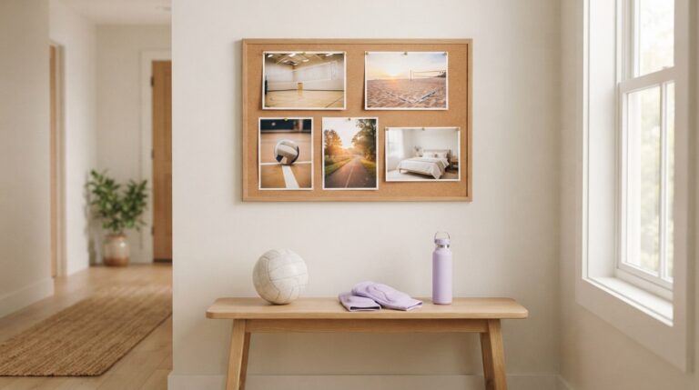 Volleyball vision board ideas: photos of indoor and beach courts pinned above a bench with a ball and knee pads