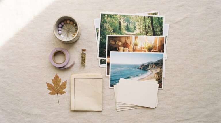 What are things to put on a vision board: photos, blank cards, pins, a pressed leaf and a map on linen