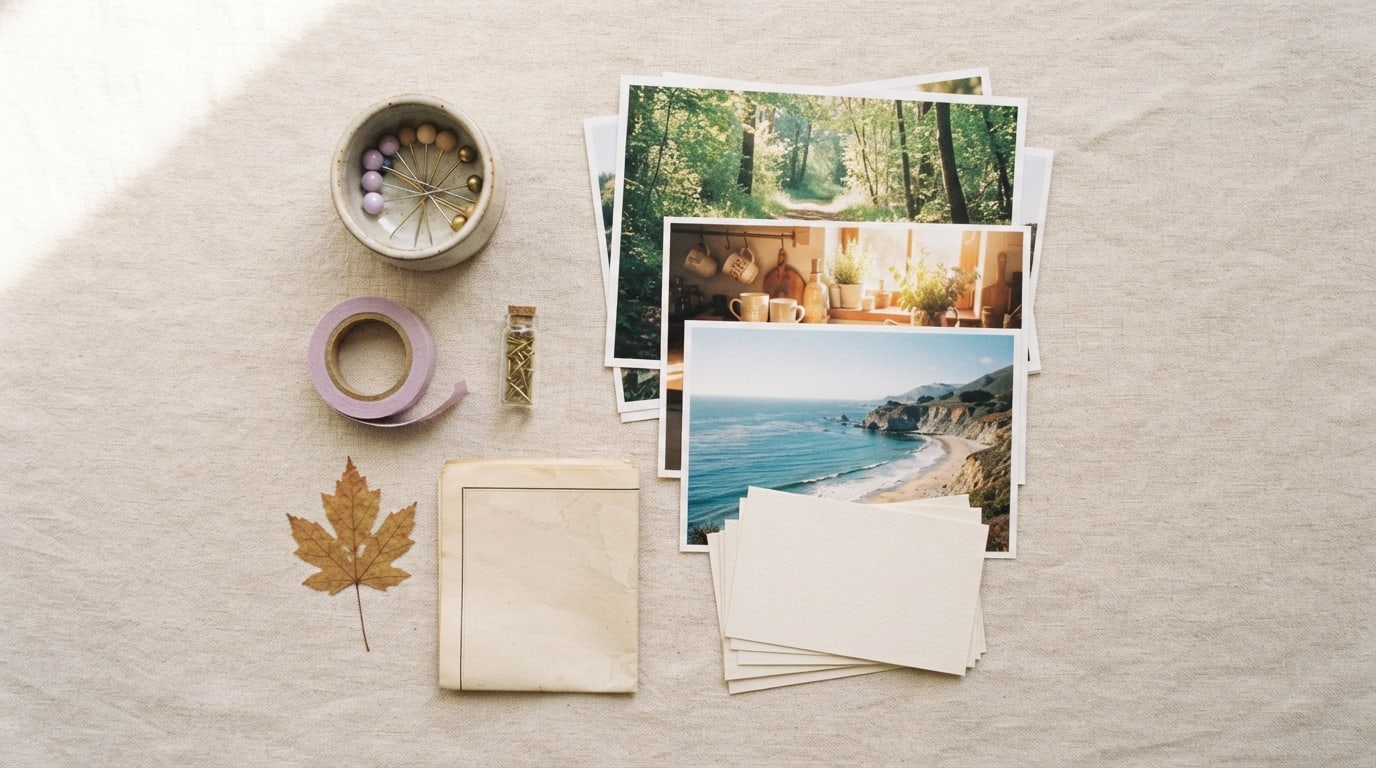 What are things to put on a vision board: photos, blank cards, pins, a pressed leaf and a map on linen