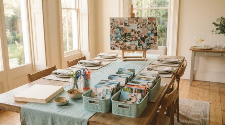 What do I need for a vision board party: a table set with card, scissors and photo baskets beside an example board